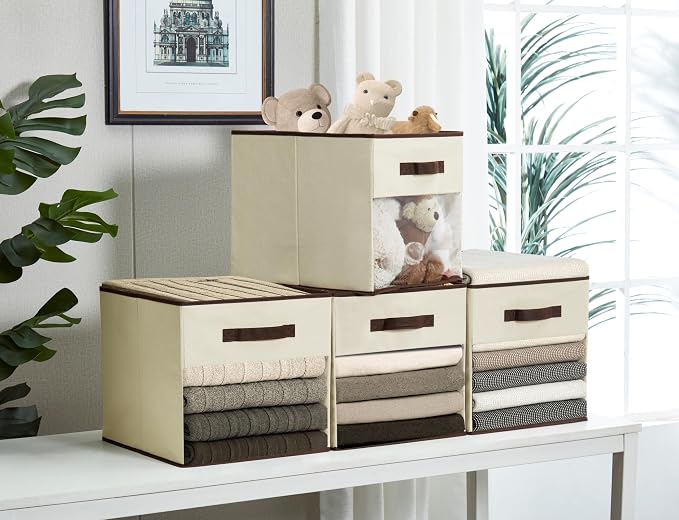 DECOMOMO Storage Bins, Cube Storage Bin with Window | 13x15x13", 6 Pack, Fabric Storage Cubes for Shelves (Beige)