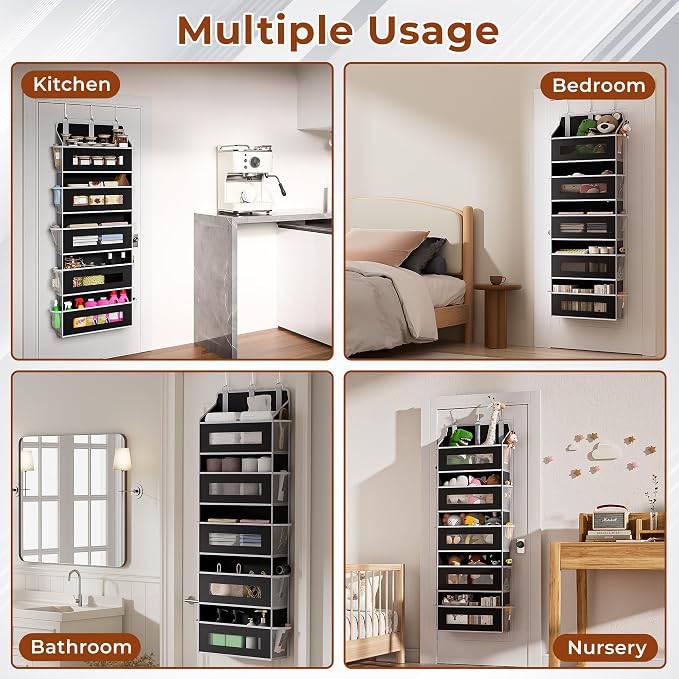 2 Pcak 5 Tier Over The Door Organizer - Large Capacity Behind Door Hanging Shelves with 10 Mesh Pockets and Clear Windows, Closet Organizers and Storage for Bathroom, Bedroom, Nursery, Black