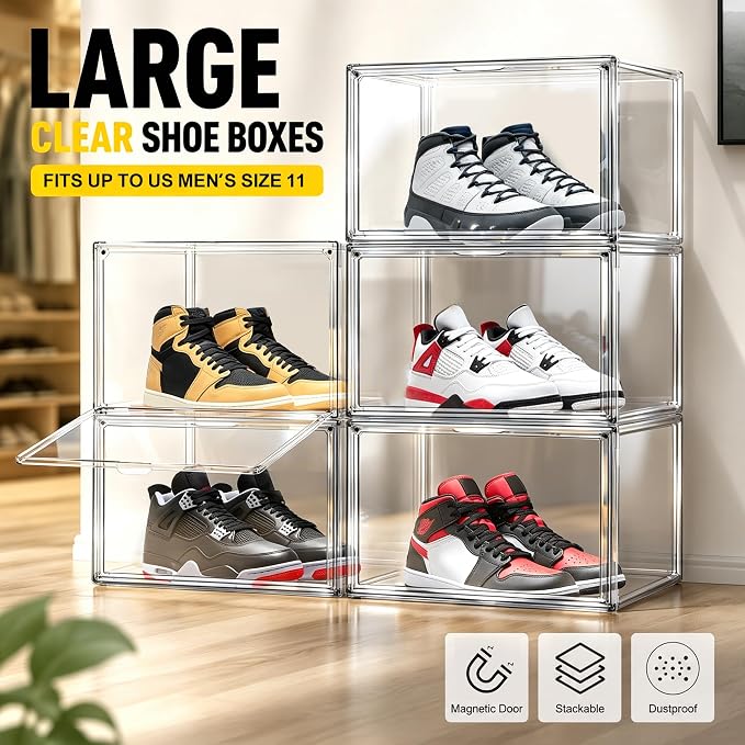 5 Pack Clear High-Top Sneaker Storage Boxes, Acrylic Shoe Organizer | Extra height 10.6'' for high-top sneakers & athletic footwear Size 11.Stackable display design keeps collections organized
