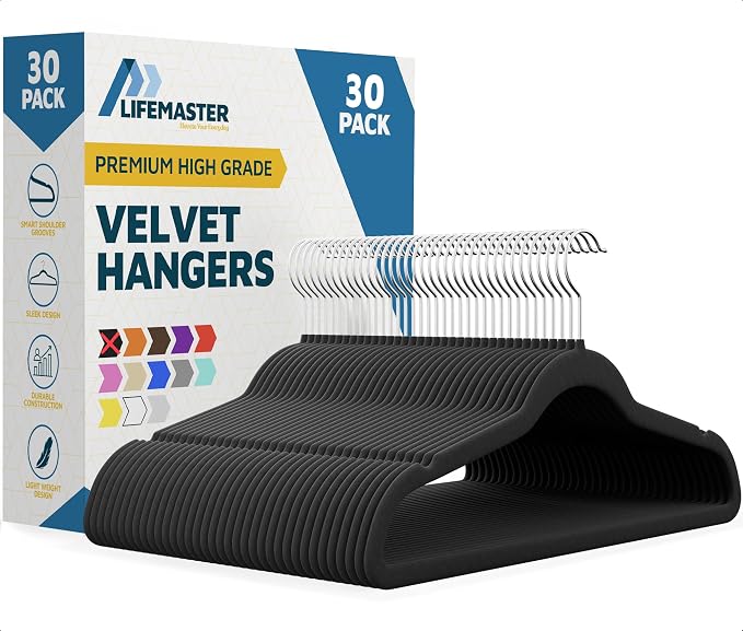 Lifemaster Velvet Non-Slip Plastic Hanger Set - 30 Pieces Non-Slip Clothes Hanger Set with 360° Swivel Hook, Space-Saving, Sleek Design, Smooth Velvet Finish, Lightweight Construction - Black