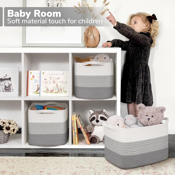 Goodpick Woven Storage Basket, Closet Storage Bins for Books, Towels, Cotton Rope Organizer with Handles, Square Toy Gift Basket for Kids, Gradient Gray, 13 x 10 x 9 Inches