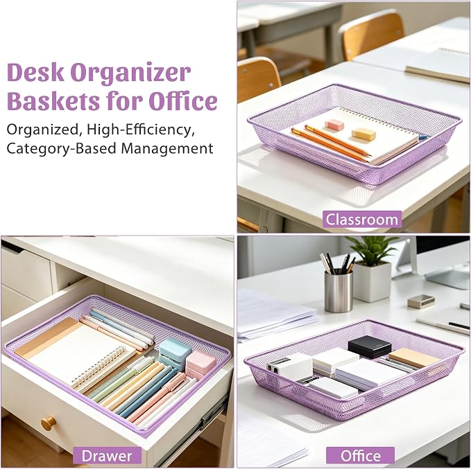 Office Metal Mesh Basket for Desk, Single Paper Tray Organizer, Turn in Trays Classroom, Flat Mail Letter Storage Basket for Office Home Drawers School (5, Purple)