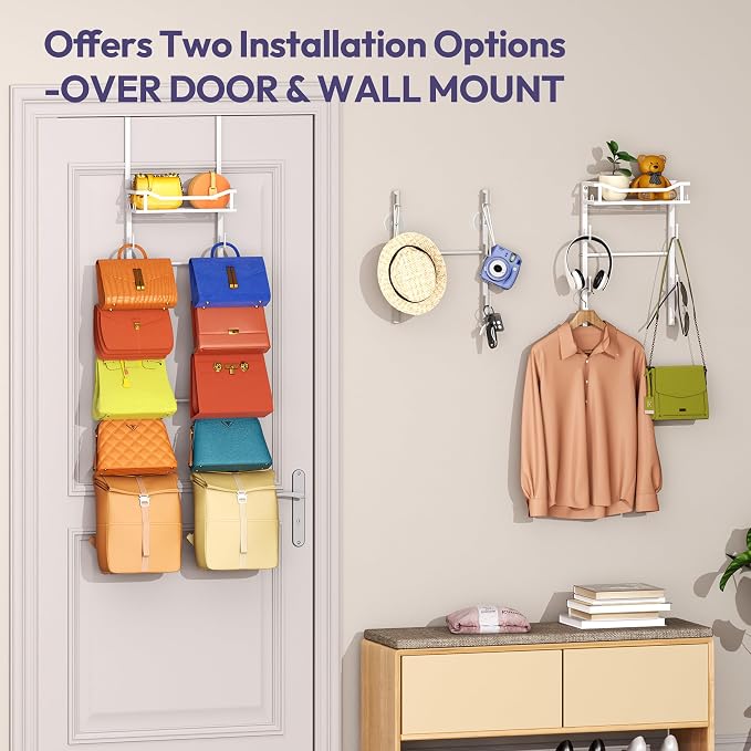 SWTYMIKI Over The Door Purse Organizer - Wall Mounted Purse Rack with 10 Hooks and Metal Basket, Handbag Hanger Organizer Holds up to 10 Bags, Bag Rack Can Use As 1/2 Part, for Door, Closet