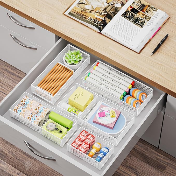 Marbrasse 5 Pack Desk Drawer Organizer Set, Mesh Drawer Storage Trays with 1 Adjustable Divider, Desk Organizers and Accessories, 5 PCS Drawer for Office Supplies, Makeup & Vanity (White)