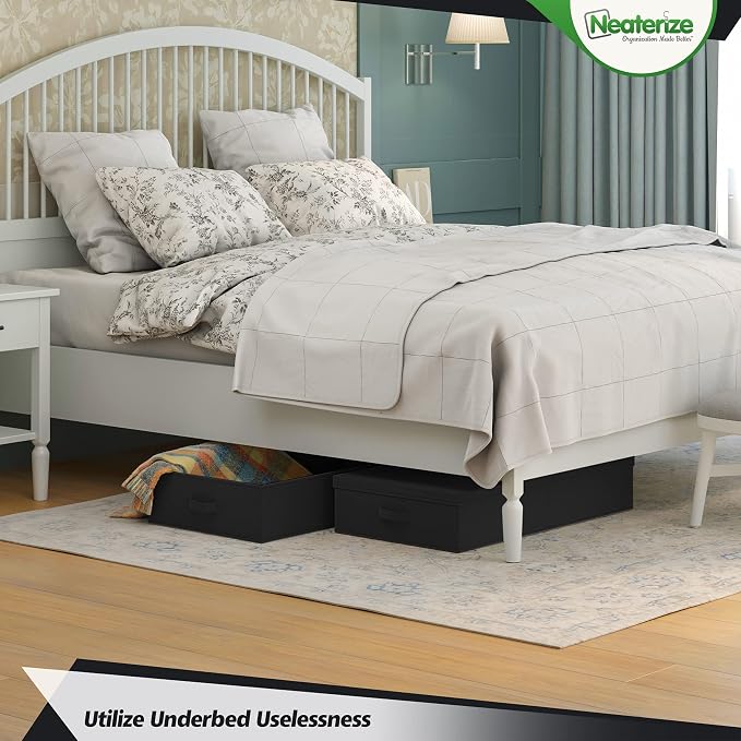 NEATERIZE Under Bed Storage Bins With Lids [Set of 2] Long Flat Stackable Underbed Storage Containers For Organizing Clothing, Shoes, Blankets, and Linen. Garage Boxes. (Large-Black)