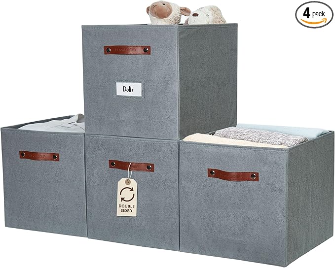 DECOMOMO Storage Bins, Storage Baskets for Shelves | 13" x 15" x 13" Storage Cube Bins with Labels for Organizing Shelves (Kallax, 4pcs, Texture Grey)