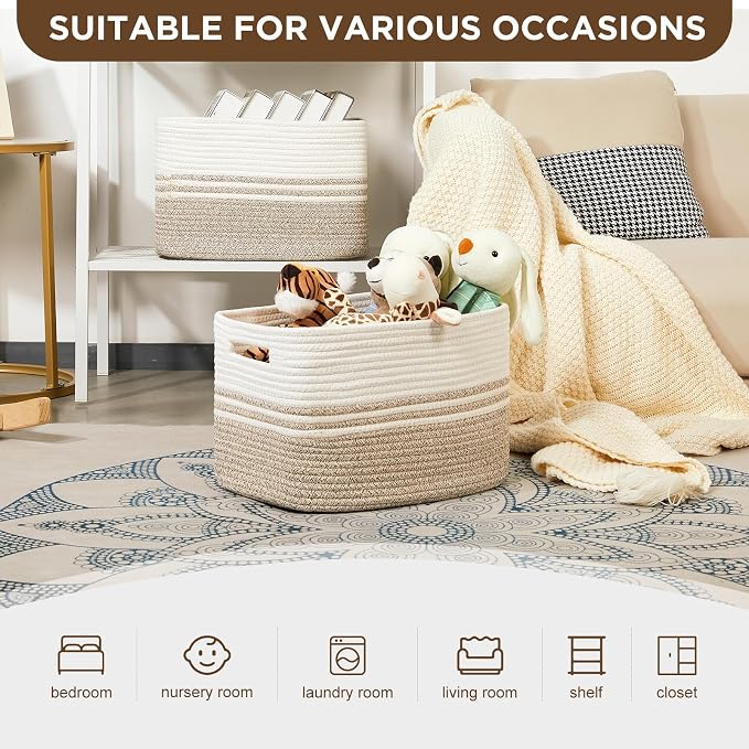 Temary Woven Storage Baskets, Set of 3 Rope Baskets for Storage Clothes, Towels, Versatile Boho Storage Bins (White&Brown, 13"x9.8"x8.5")