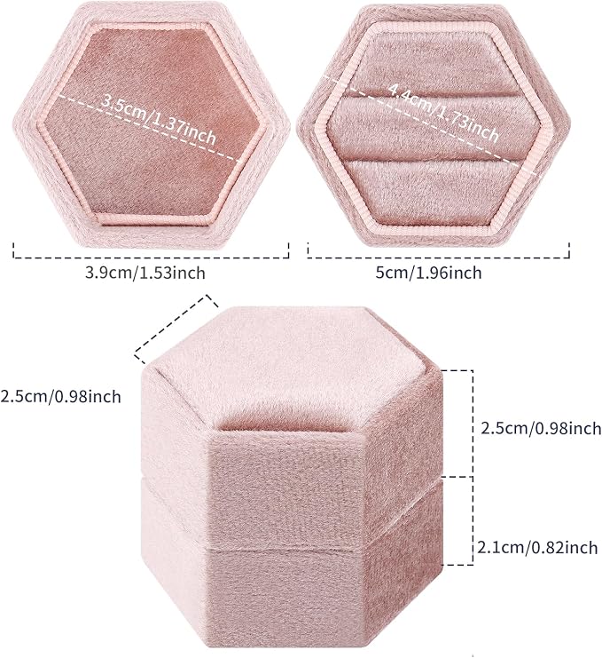 DesignSter Velvet Ring Box Hexagon - Premium Gorgeous Vintage Double Ring Display Holder with Detachable Lid for Proposal, Engagement, Wedding, Ceremony(Nude peach)