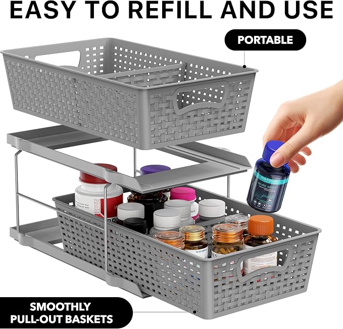 Simple Houseware 2 Tier Pull-Out Sliding Drawer Under Sink Storage, Gray | Great for Kitchen Bathroom Tray Shelf Organizer