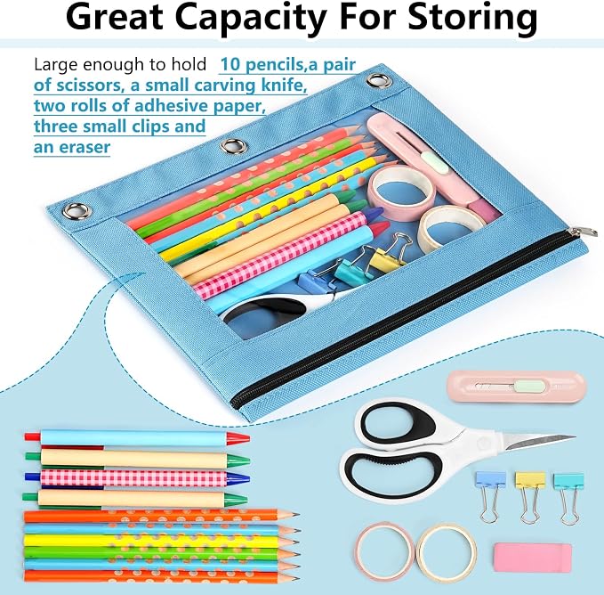 Forvencer 6 Pack Pencil Pouches for 3 Ring Binder, Smooth Zipper 3 Ring Binder Pencil Pouch, Multi-Color Pencil Case for Binder, Clear Top Binder Pencil Pouch, Pencil Bag with 3 Re-enforced Grommets