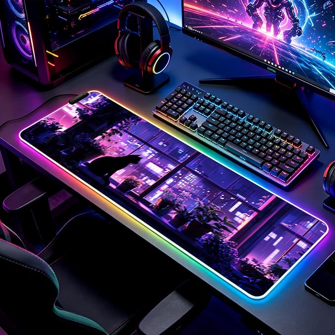 RGB Japanese Anime Cute Cat and Plant Gaming Desk Mat, Computer Keyboard Large Extended Kawaii Animal LED Mouse Pad for Office and Home, 31.5×11.8 Inches, XL, Purple