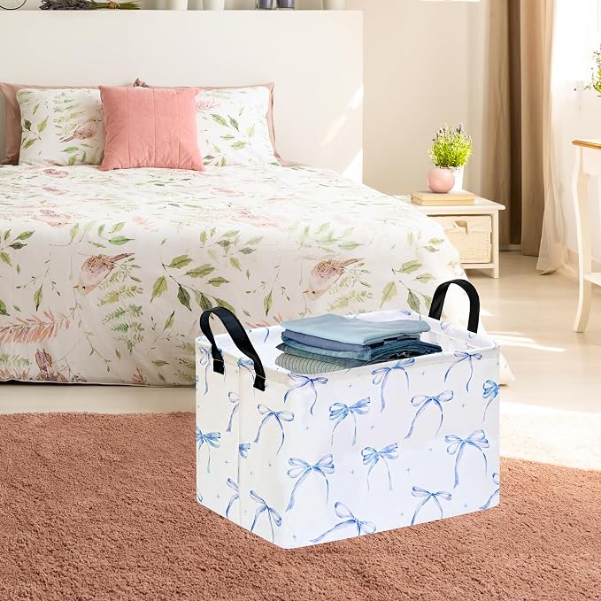 Blue Bow Storage Basket, Rectangle Closet Baskets Foldable Organizer Bin with Handles for Bedroom Nursery Home Office Dorm Room