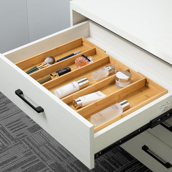 Utoplike Bamboo Expandable Kitchen Drawer Organizer, Adjustable Utensil Holder and Cutlery Tray Organiser, Drawer Divider for Silverware, Flatware, Knives in Kitchen, Bedroom, Living Room, 5 Slot