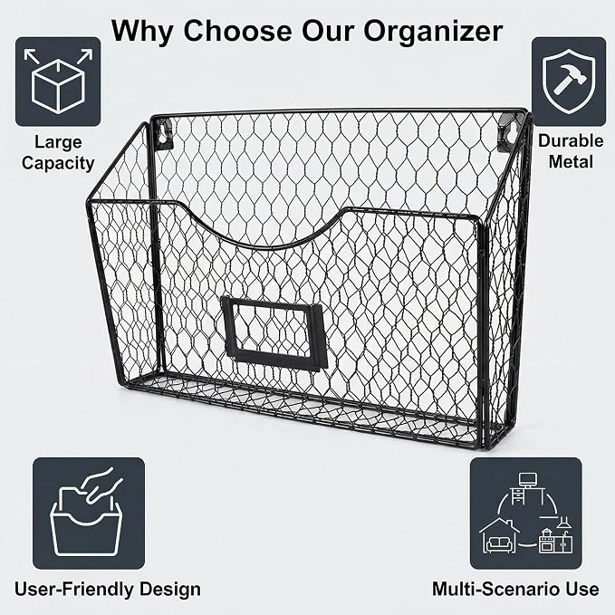 PAG 3 Pockets Hanging File Holder Wall Mount Mail Organizer Metal Chicken Wire Magazine Rack with Tag Slot, Black