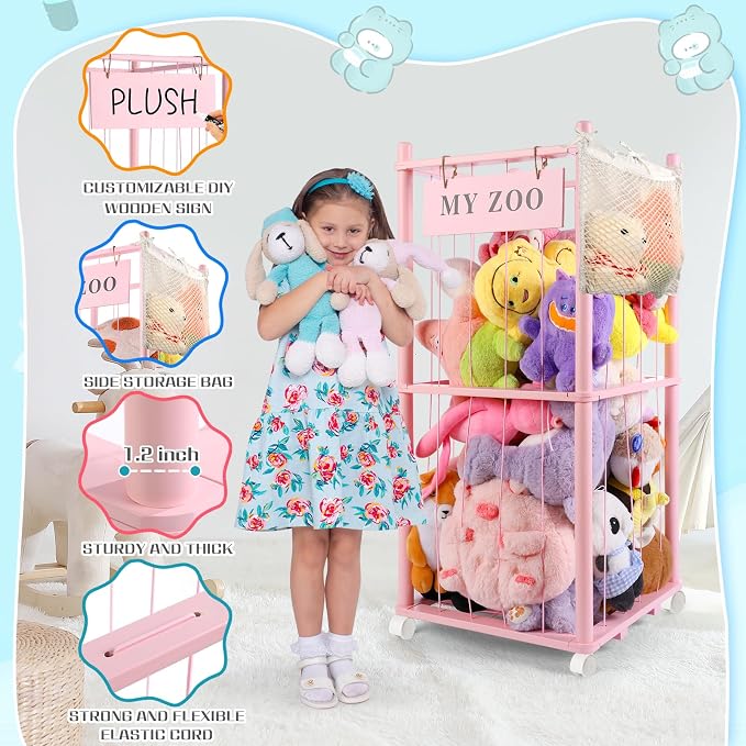 GLDZI Stuffed Animal Storage Zoo with Wheels, Wooden Stuffed Animal Organizer with Elastic Cords, Space Saving Toy Plushies Storage Holder for Playroom, Bedroom, Living Room(Pink, Small)