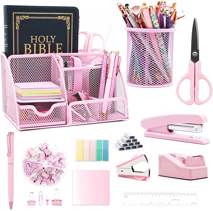 Pink Desk Organizers and Accessories,12Pcs Pink School Supplies for Girl | Office Supplies for Women Coworkers Students, Include Stapler, Pen Holder, Tape Holder, Scissors, Ruler, Staple Remover