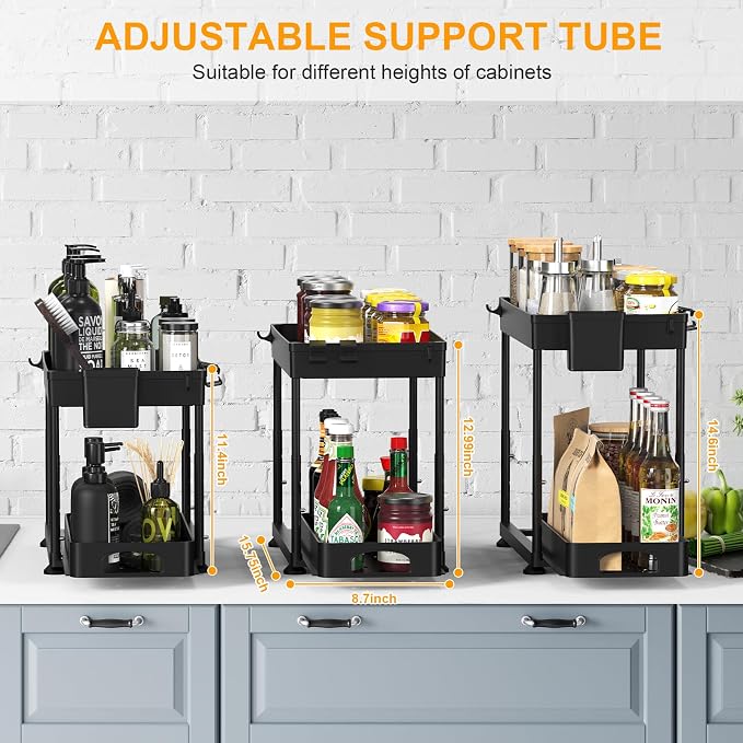 Under Sink Organizers and Storage, 2 Pack Height Adjustable Bathroom Cabinet Organizer, 2 Tier Sliding Under Sink Organizer, Sturdy Pull Out Bathroom Storage, with 12 Hooks & Hanging Cups, Black