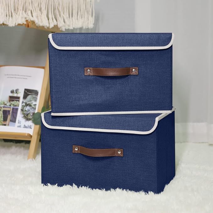 ANMINY 4PCS Storage Bin with Lid Storage Boxes with PU Leather Handles PP Plastic Board Decorative Foldable Lidded Cotton Linen Fabric Home Cubes Baskets Closet Organizer Container - Blue, Medium