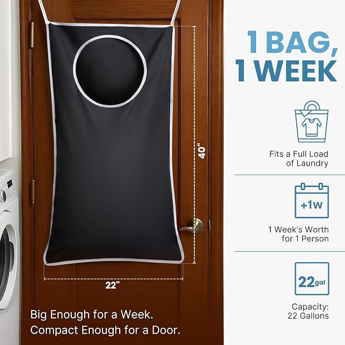 Hanging Laundry Hamper Bag XL 40x22", Space Saving over the Door Storage Bags, Behind the Door Hampers for Dirty Clothes & Wall Mounted Basket for Bathroom