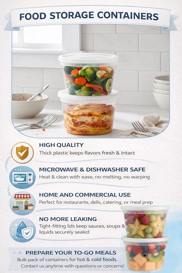 BluShine Deli Containers with Lids, Plastic Food Storage Containers | 16 oz, 32 sets Plastic Deli Food Storage Containers with Airtight Leak Proof Lids, Reusable, Microwave and Freezer Safe