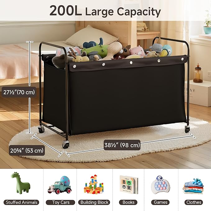StorageWorks Toy Box with Wheels for Kids, 200L Extra Large Toy Storage Chest and Organizer, 27.5" Metal Toybox with 360° Swivel Wheels for Bedroom, Kids Room, Stuffed Animal Storage, Black
