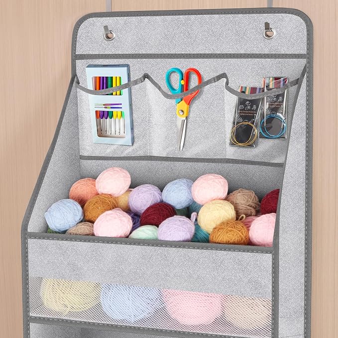 Univivi 5-Shelf Door Storage Over Door Hanging Organizer with 4 Large Pockets and 3 Small PVC Pockets Nursery Closet Cabinet Wall Mount Hanging Storage Organizers for Baby Nursery (Grey Pattern)