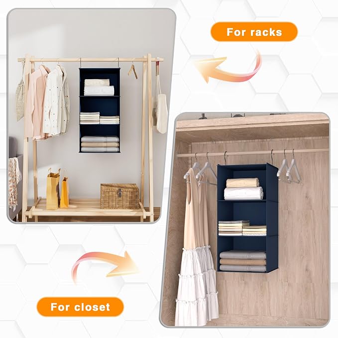 Hanging Closet Organizer 3-Shelf, Oxford Fabric Wardrobe Storage, Navy Blue | Easy-mount foldable design holds clothes, handbags, shoes & accessories; washable Oxford fabric, sturdy and space-saving.