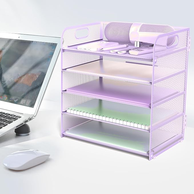 Letter Tray Paper Organizer 5-Tier Desk Organizer File Organizer Paper Holder with Handle, Metal Desktop Document Shelf Tray Office Classroom Organization - Purple