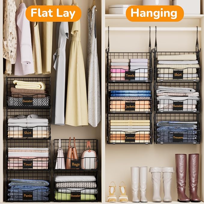 Hanging Closet Organizers and Storage, 3 Tier Closet Shelf Clothes Organizer with 2 S-Hooks, Multi-Functional Iron Wire Baskets, for Clothing, Sweaters, Handbags, Hat, Canned