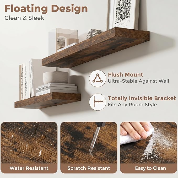 FLYJOE 40 Inch Floating Shelves for Wall Set of 2, 6.5" D Wood Grain Bathroom Shelves with Invisible Brackets, Easy Install Engineered Wood Storage Shelves for Kitchen, Living Room, Bedroom