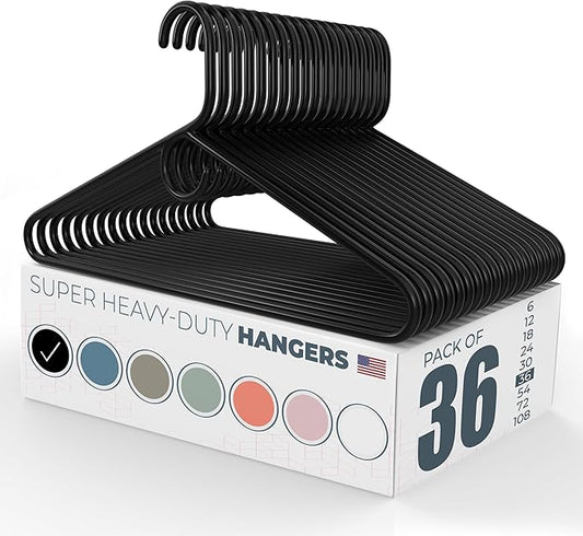 Super Heavy Duty Clothes Hangers 36 Pack – Made in the USA - 10lb Capacity, Thick Plastic Hangers for Pants, Coats, Jackets, Jeans and Adult Clothing – Black