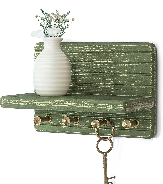 Rebee Vision Pine Wood Key Holder Wall Mount – Decorative 7-inch Key Holder for Wall with Wooden Shelf & Hooks – Room Decor Aesthetic Perfect for Various Settings (Green)