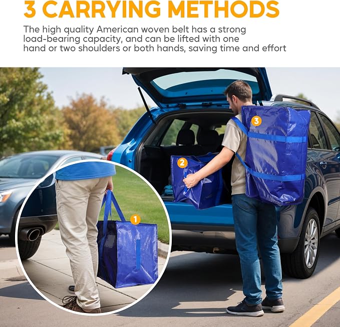 HealSmart 6 Pack Large Moving Bags with Zippers & Handles, Moving Supplies with lids, Heavy Duty Totes for Space Saving, Fold Flat, Moving and Storing, Blue
