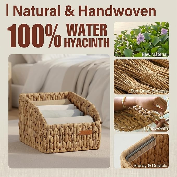 Water Hyacinth Wicker Baskets for Storage, Handwoven Rattan Shelf Basket with Open Front for Organizing Pantry Closet Wardrobe, 100% Natural Decorative Woven Organizer Bin for Cabinet, 2 Pack