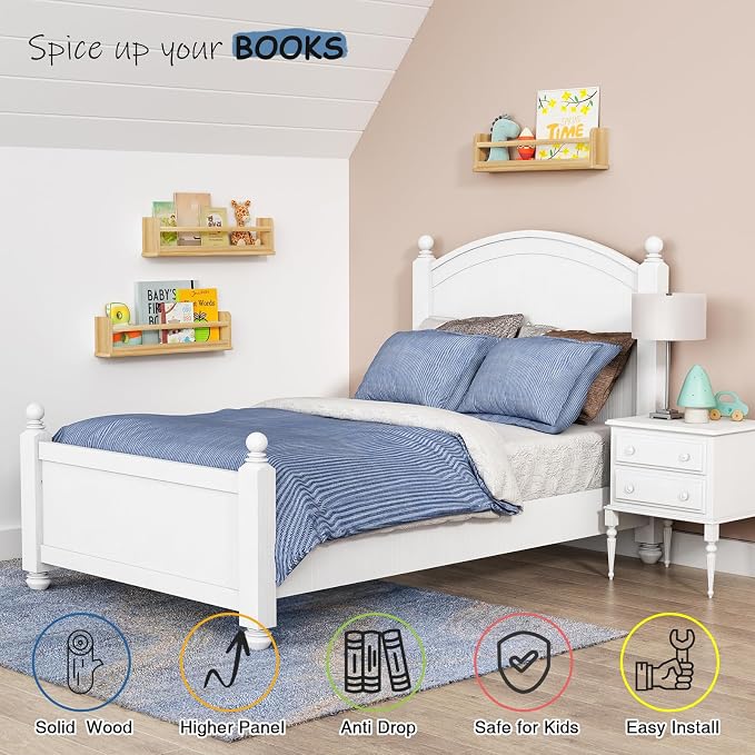 Harwaya Natural Wood Wall Bookshelf for Kids Bedroom Set of 3, 24 Inch Wooden Floating Nursery Book Shelves for Baby Boy Girl Room, Wall Mounted Toddler Book Shelf for Toy Organizers and Storage