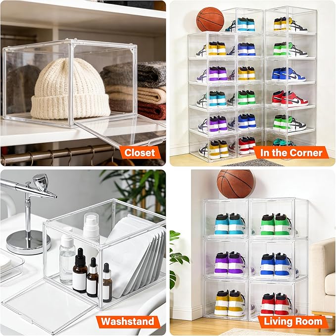 12 Pack Drop Front Shoe Boxes Acrylic Shoe Display Case Fit US Size 13, Clear Stackable Hat Sneaker Shoe Organizer for Closet, Entryway, Underbed, Multiple Display Cases for Hats, Figures, Sneakers