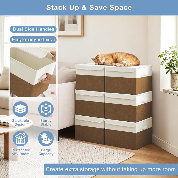 Bagnizer Large 22 Quart Linen Fabric Foldable Storage Bin Cube Organizer Basket with Flip-Top Lid & Handles, Clothes Blanket Box for Home, Office, Closet, Brown & White, 4 Pack 14.6 x 9.5 x 9.5