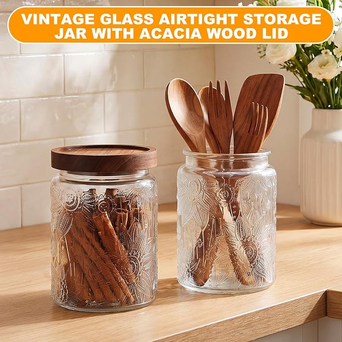 LemonRoad 4 Pcs Vintage Clear Glass Storage Jars 23.7 oz Mason Jar Canister with Wood Lids Food Storage Container for Cookie, Pantry, Candy Kitchen, Coffee, Tea, Flour, Sugar, Decorative Home Decor