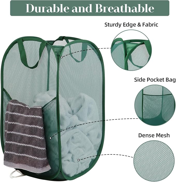 Durable Collapsible Laundry Baskets, Tear-resistant Pop Up Hamper for Laundry, Foldable Clothes Hamper with Reinforced Carry Handles Handy Pocket for Laundry Room, Bathroom, Dorm or Travel Emerald