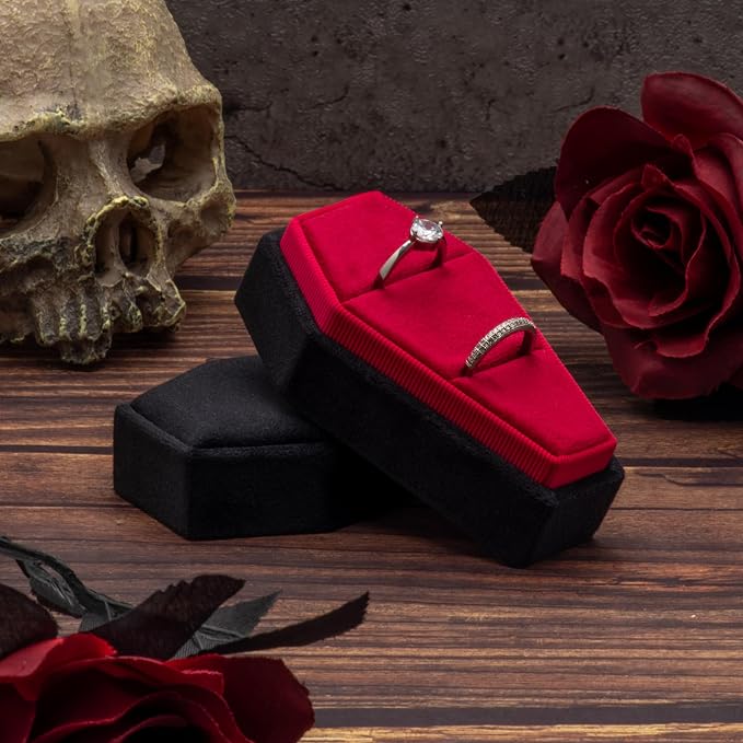 Velvet Coffin Ring Box Case Holder for Gothic Wedding Ceremony,Gothic Jewelry Organizer Decorations (Black and Red)