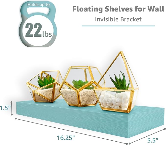 Sorbus Floating Shelves for Wall – 16 Inch Floating Shelf for Kitchen, Bedroom, Living Room, Bathroom, Home & Wall Decor - Mounted Bathroom Shelves with Invisible Brackets (Breezy Blue, 3 Pack)