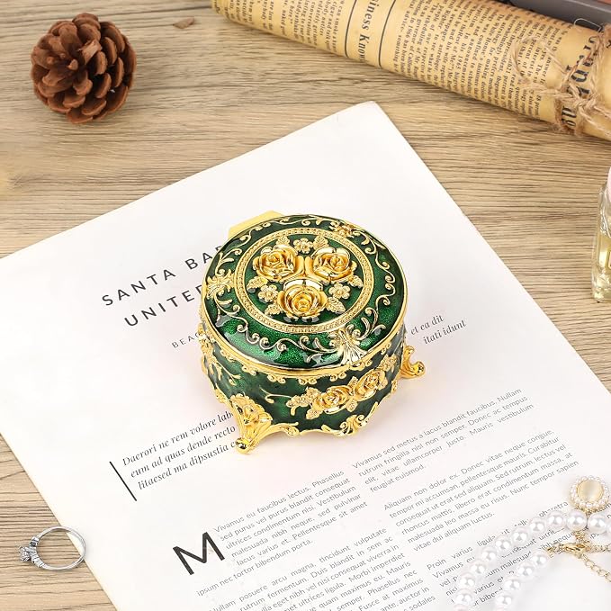 Hipiwe Vintage Jewelry Box Small Trinket Storage Organizer Box Gold Metal Chest Ring Case Treasure Chest Round Keepsake Boxes for Earrings Necklace Gift for Women,Green