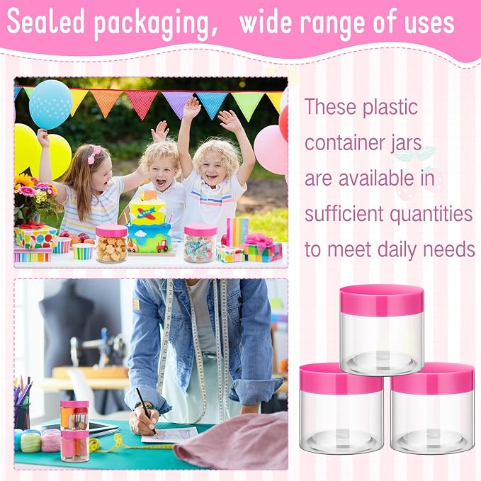 SATINIOR 12 Pack 8 oz Plastic Container Jars with Lids Round Clear Travel Cosmetic Container Slime Jars for Toiletries, Lotion, Cream, Ointments, Makeup, Rhinestone, Samples, Kitchen Storage(Pink)