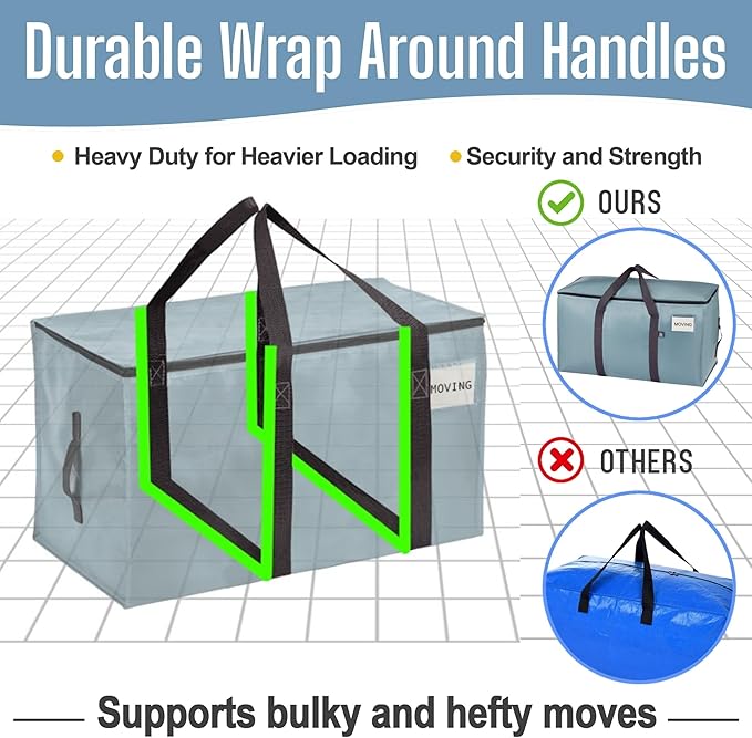 VENO 16 Pack Heavy Duty Moving Bags, 90L Extra Large Moving Boxes Alternative, 50lbs Load,Wraparound Handles,Zippers & Tag,Packing Supplies for College Dorm Essentials, Clothes Storage(Light Blue)