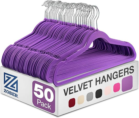 ZOBER Purple Velvet Hangers 50 Pack - Clothes Hangers, Coat Hanger for Pants & Dress Clothes - Non Slip w/ 360 Degree Swivel, Holds up to 10 lbs - Strong Felt Hanger for Clothing