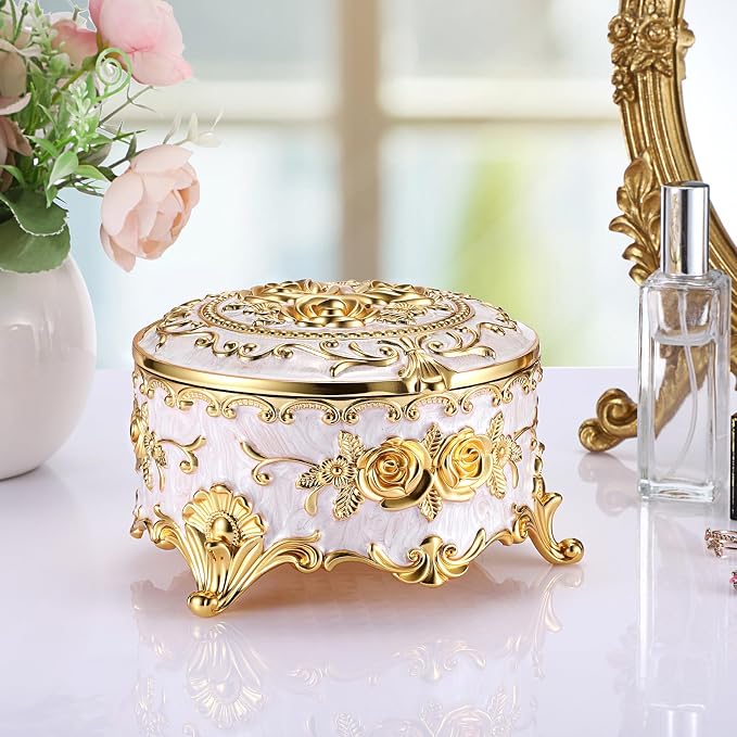 Hipiwe Round Jewery Box Metal Trinket Organizer Decorative Keepsake Box for Trrasure Ring Earring Holder Vintage Jewelry Display Case, Beige, 5.7" L x 5.1" W x 3.5" H