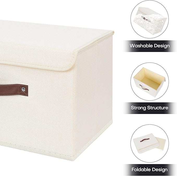 ANMINY Storage Bin with Lid Storage Boxes with PU Leather Handles PP Plastic Board Decorative Foldable Lidded Cotton Linen Fabric Home Cubes Baskets Closet Organizer Container - Beige, Medium