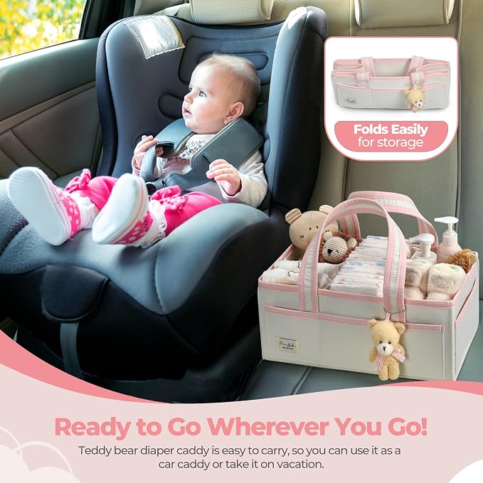 PeraBella Baby Diaper Caddy Organizer, XL Baby Basket Shower Gift Caddy, Portable Felt Changing Table Basket, Nursery Storage Bin, Newborn Boy and Girl Essentials for Registry, Car Diaper Organizer