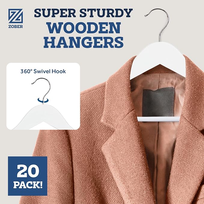 ZOBER White Wooden Hangers - Heavy Duty, Non Slip Wood Hangers for Coats, Jackets, Suits, & Pants - Coat Hangers for Closet W/Bar and Notches 20 Pack (White, 20 Pack)