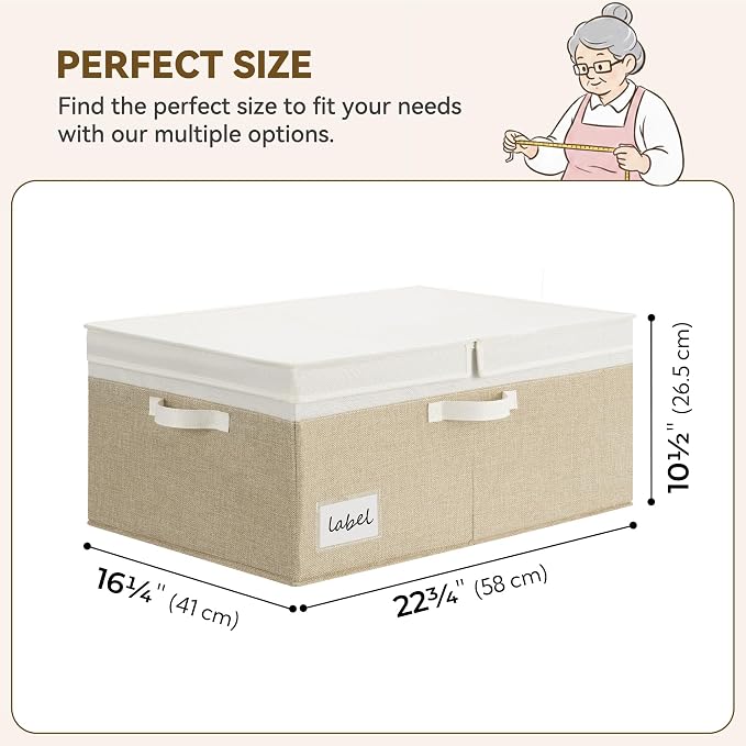 GRANNY SAYS Decorative Storage Boxes with Lid, Large Storage Bins with Label, 63L Fabric Storage Bin for Clothes, Toy Storage Chest, Memory Keepsake Box, White/Khaki
